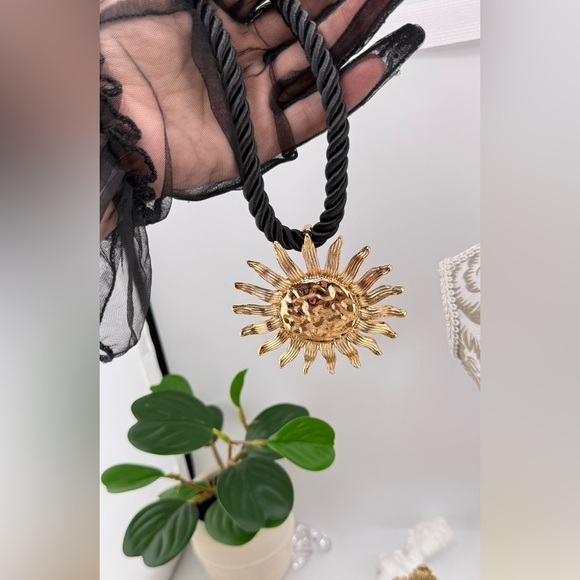 Statement Sun Pendant Necklace – Gold-Tone with Black Cord - Picture 6 of 11